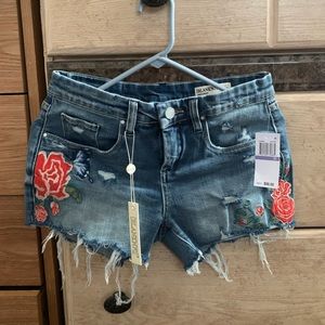 Blanc NYC denim shorts embroidered distressed W26